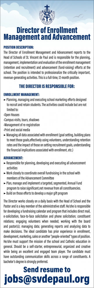 Director of Enrollment Management and Advancement, jobs@svdepaul.org