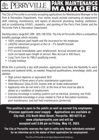 Park Maintenance Manager, City of Perryville, Perryville, MO