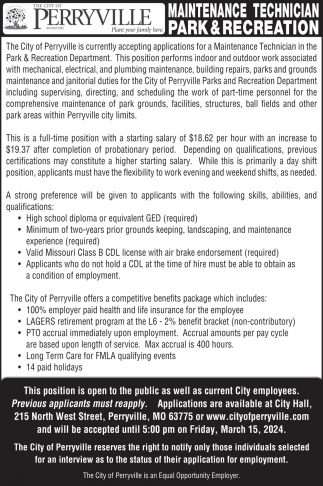Maintenance Technician, City of Perryville, Perryville, MO